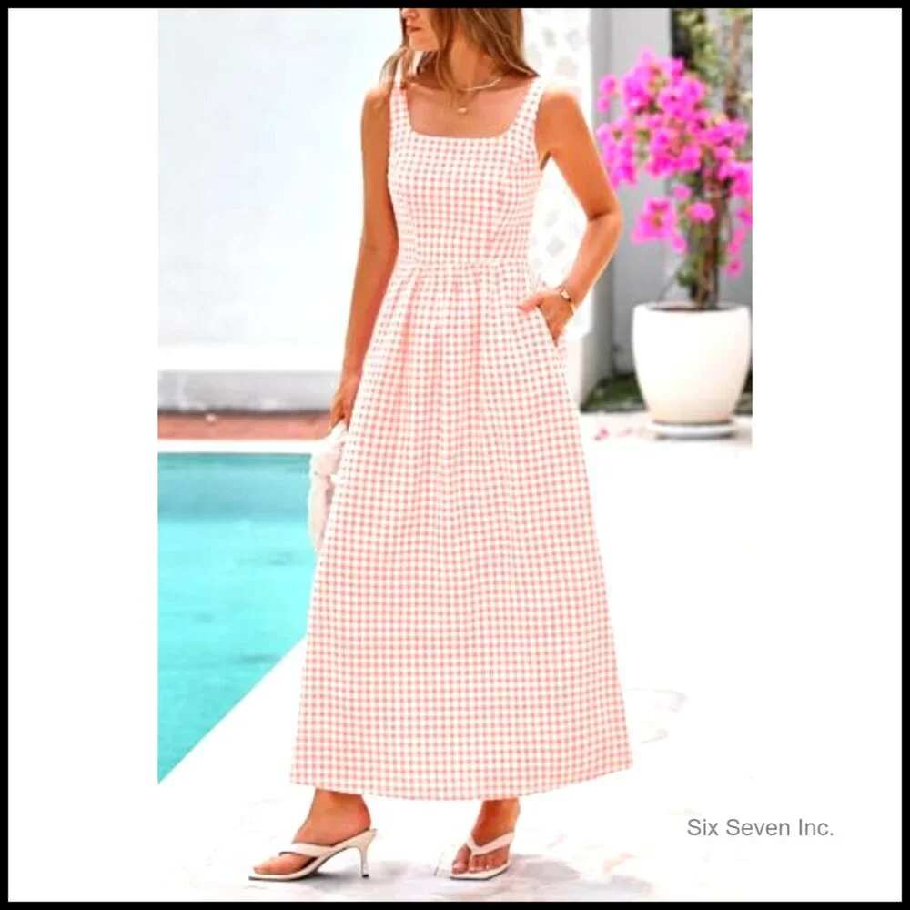 Plaid Maxi Sundress Square Neck Spaghetti Strap A-Line Smocked Back Pockets - Picture 4 of 7